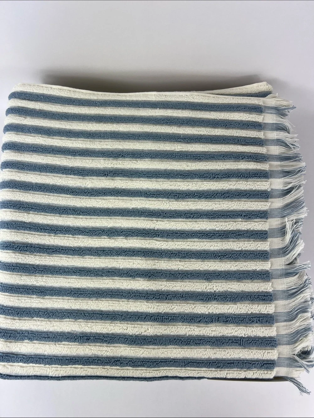 Rachel Zoe Bath Towel Set Blue White Striped with Fringe Soft Cotton 8 Pc NEW